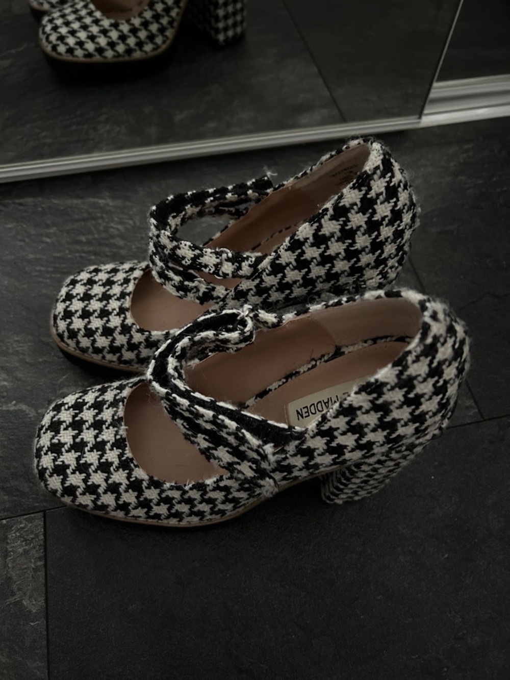 Steve Madden Black and White Houndstooth Mary Jane Block Heels